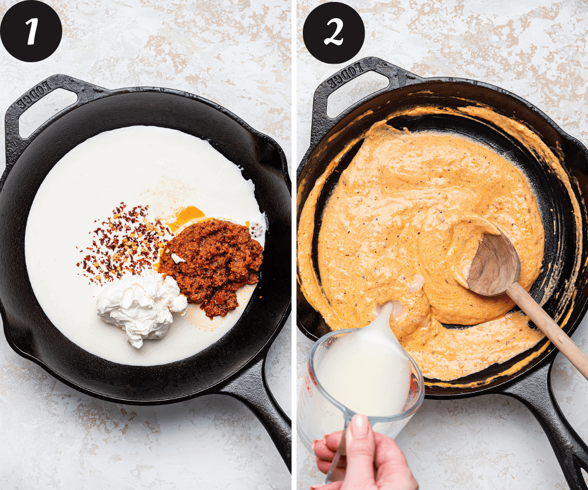 A picture on the left of sun dried tomato pesto, heavy cream, mascarpone cheese, and red pepper flakes in a pan.