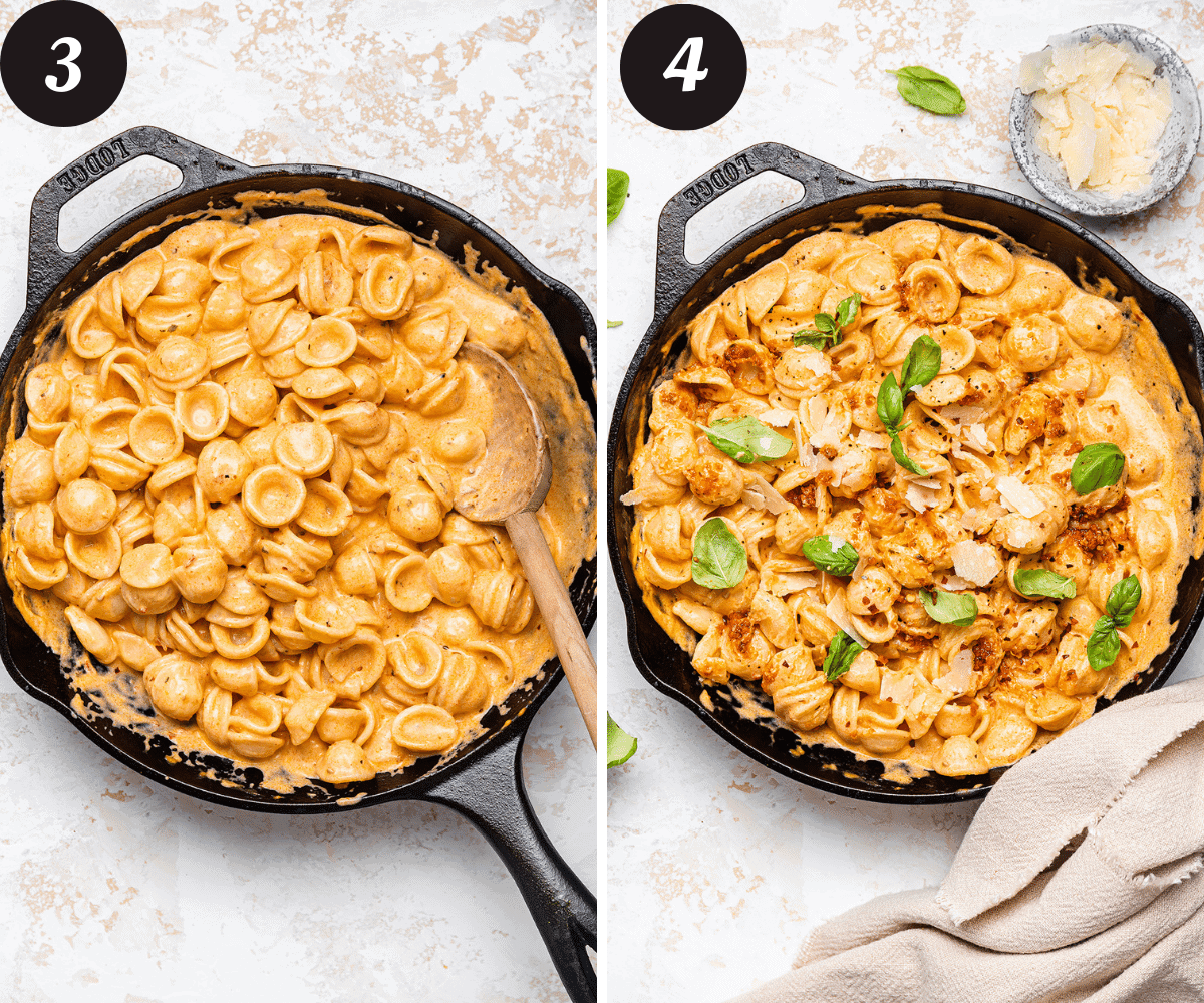 A picture on the left of a pan of creamy sun dried tomato pesto sauce with pasta added and on the right the same picture with freshly grated parmesan and fresh basil added.