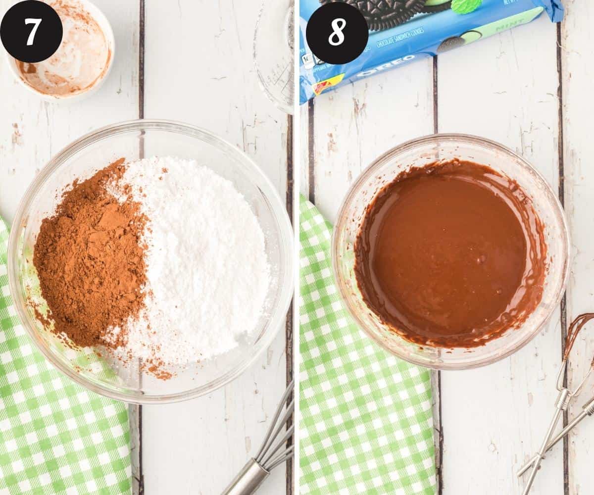 A picture on the left of a bowl with coco powder, powdered sugar, and milk in a bowl unmixed, a picture on the right of the same mixture combined into a glaze.