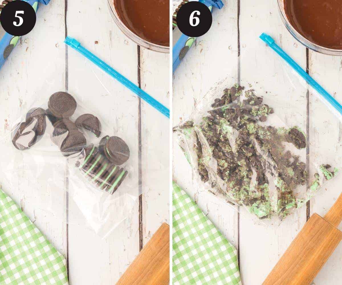 A picture on the left of ten whole mint oreo cookies in a ziploc bag and a picture on the right of the same oreo cookies crushed in the bag by a rolling pin.