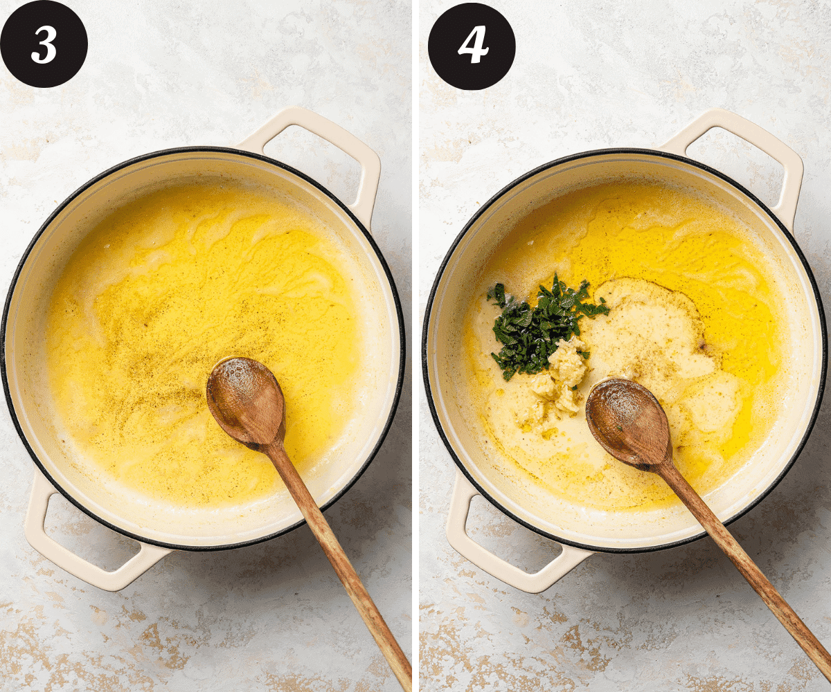 A picture on the left of a pot with browned butter and a picture on the right of the same pot with garlic, lemon juice, and sage added.