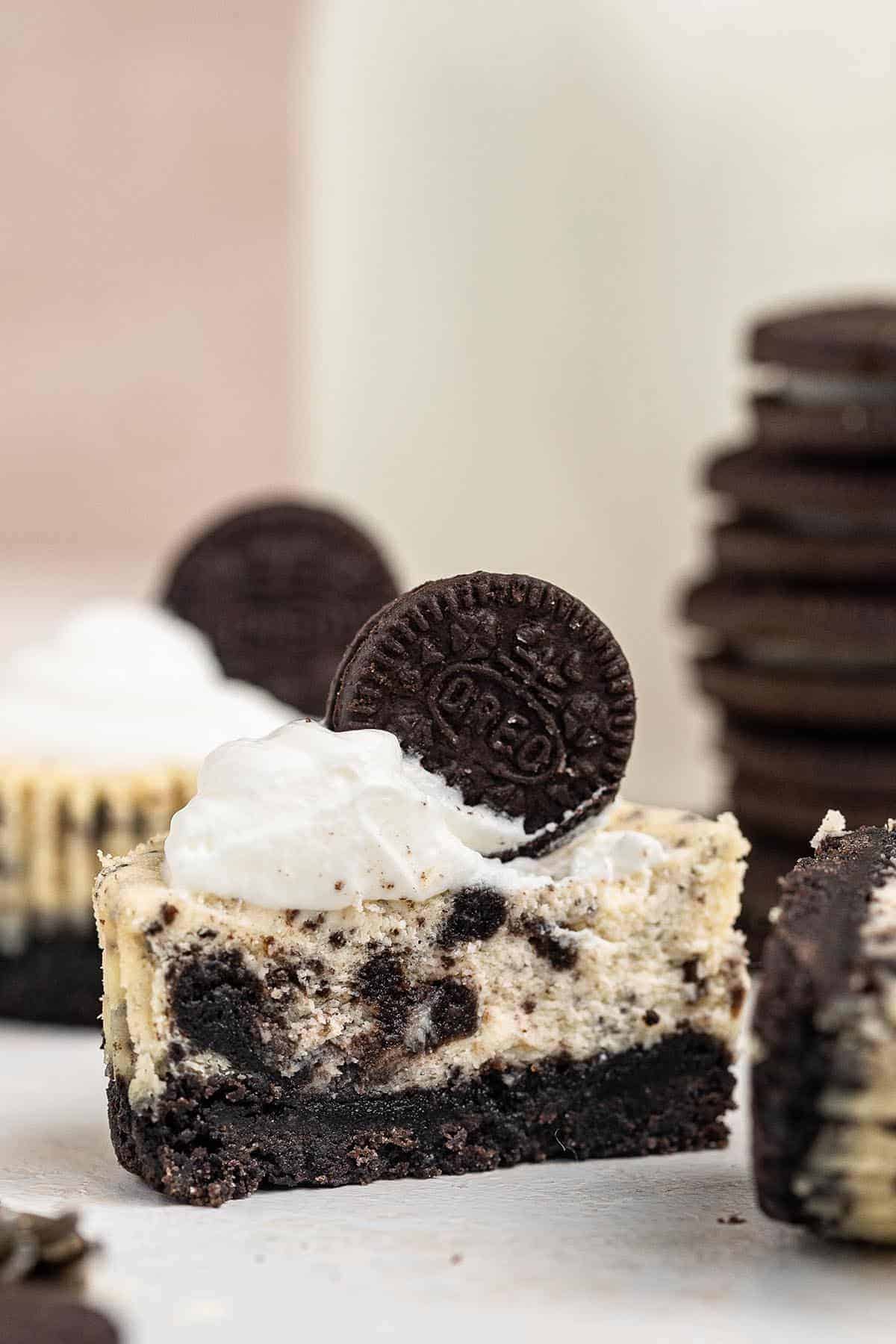 A mini oreo cheesecake bite cute inhale and displayed close up.