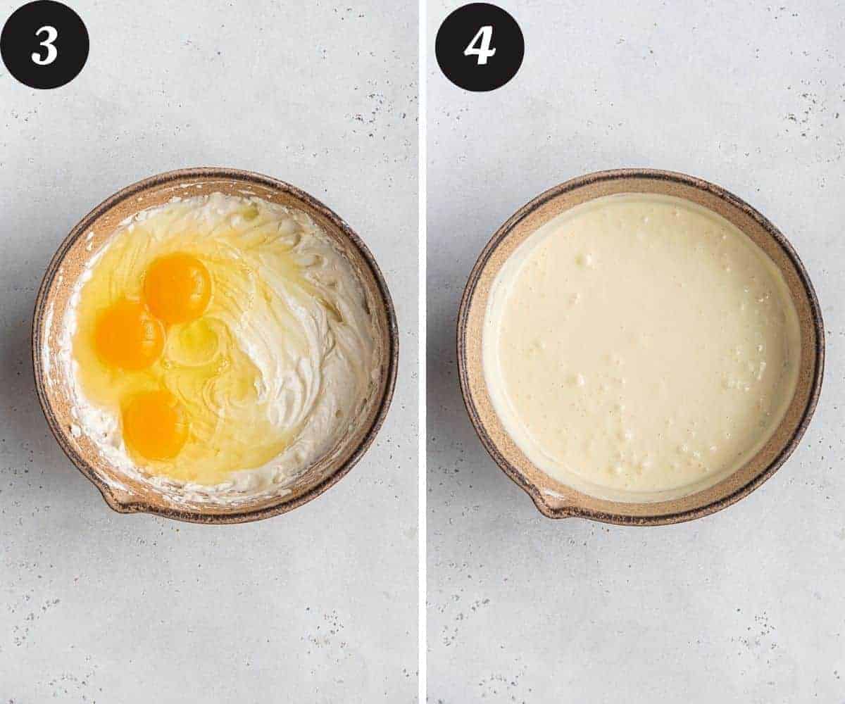A picture on the left of a bowl of whipped cream cheese and two whole cracked eggs on top and a picture on the right of the mixture beaten till smooth.
