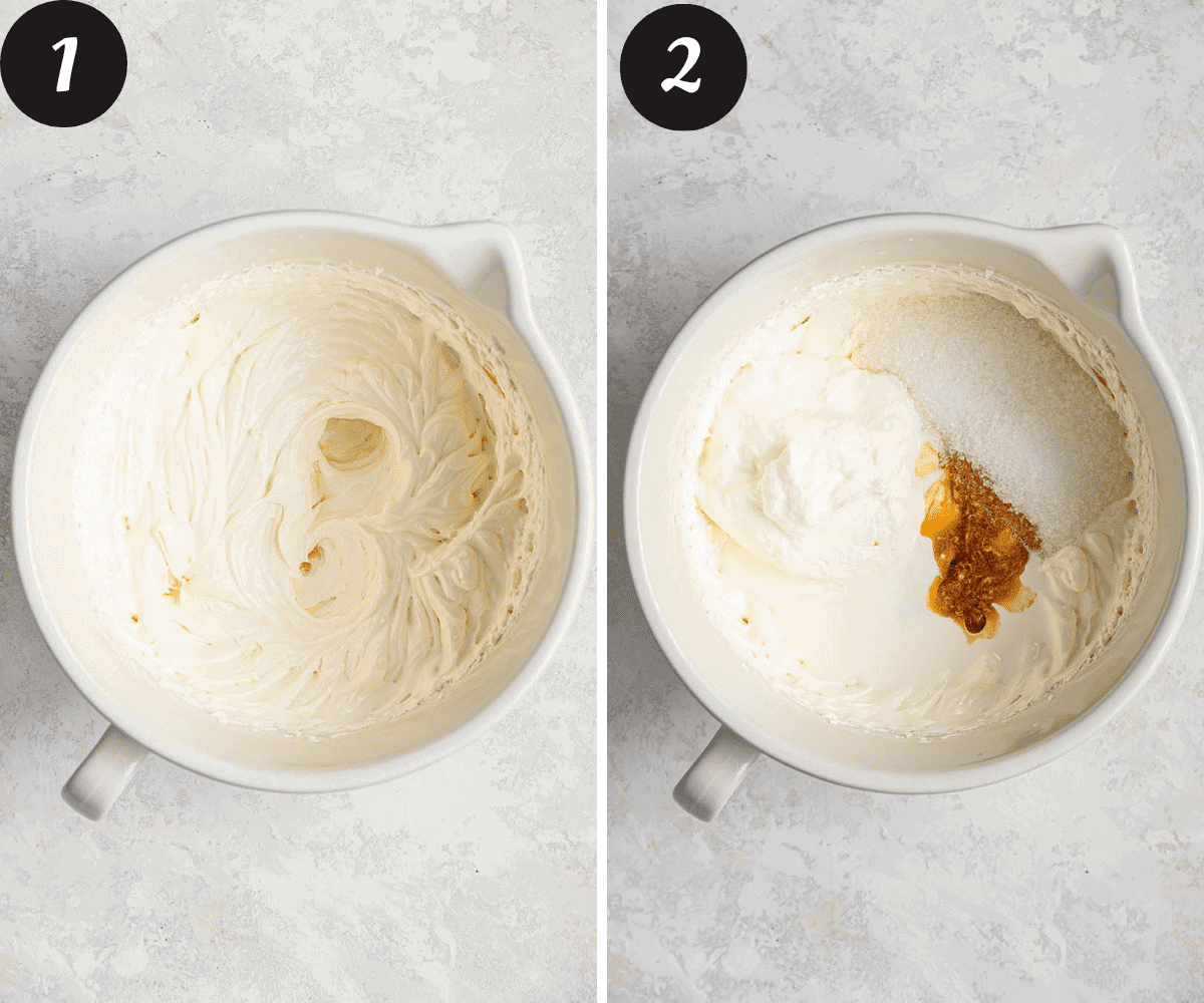 One photo with cream cheese beaten until smooth and another photo side by side with vanilla, sugar and sour cream added to the cream cheese mixture.