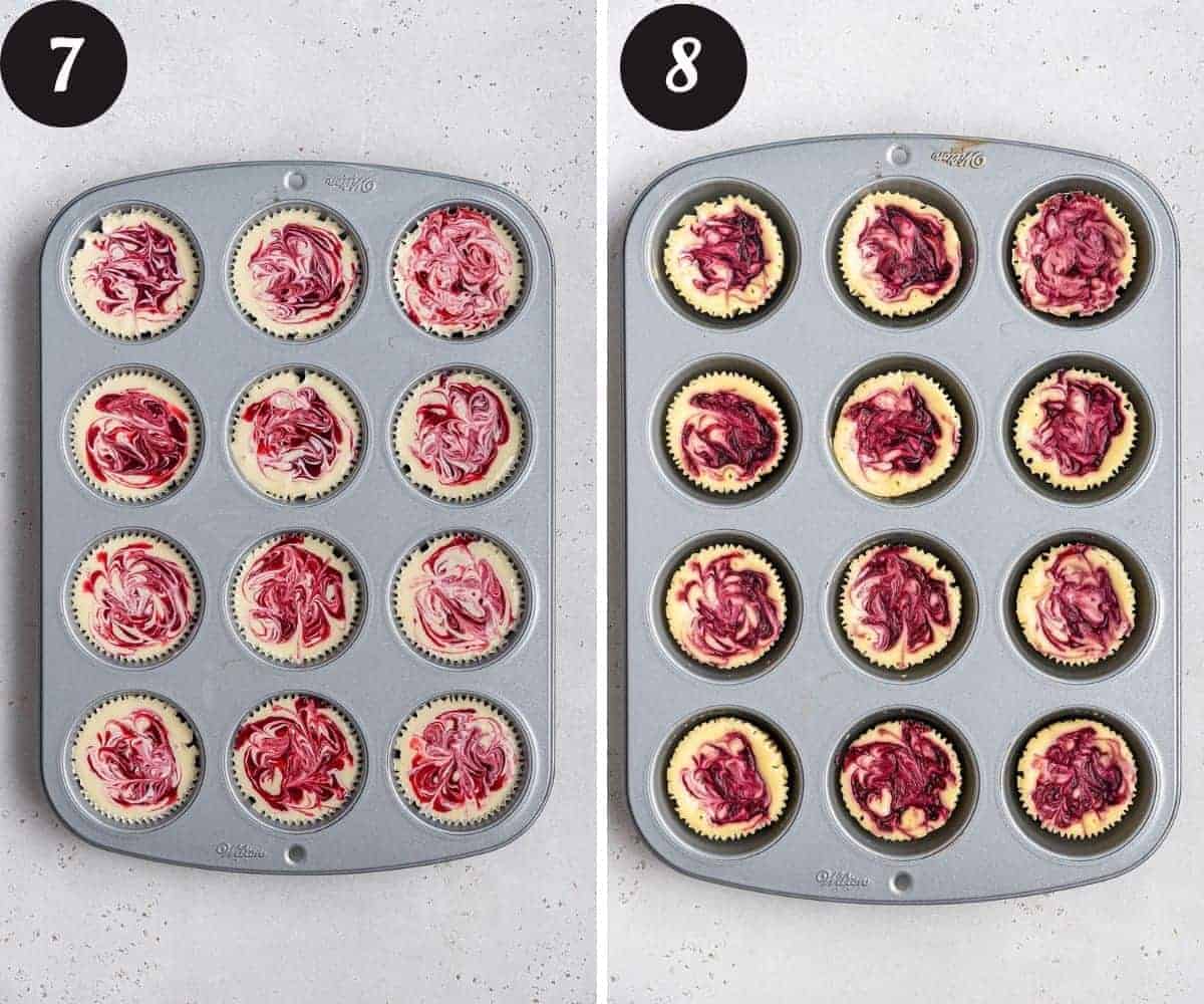 A picture on the left of raspberry swirled cheesecakes uncooked in muffin tins and a picture on the right after they have been baked.