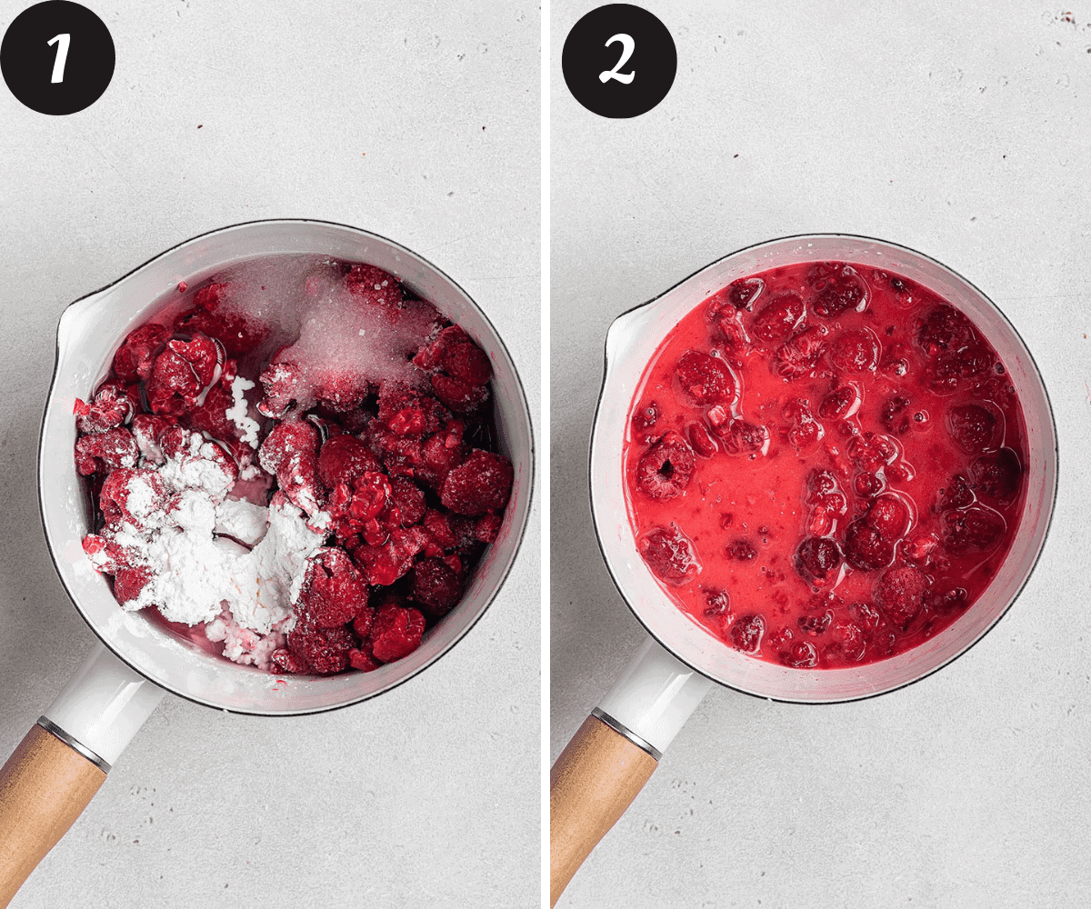 A picture on the left of a small pot with raspberries, cornstarch and sugar, and a picture on the right of the same mixture simmering.