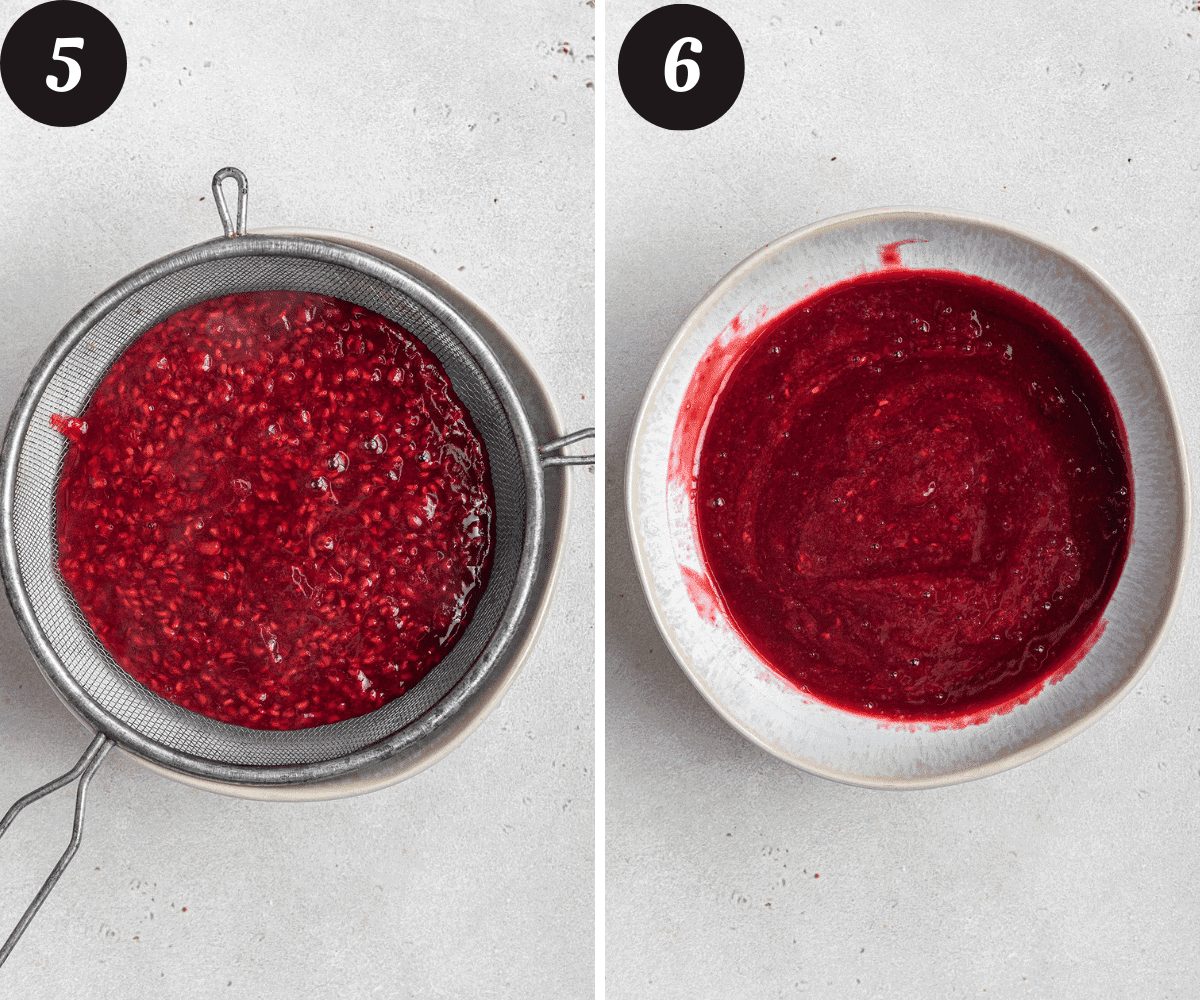 A picture on the left of raspberry puree in a fine mesh sieve, and a picture on the right of the puree strained in a small bowl.