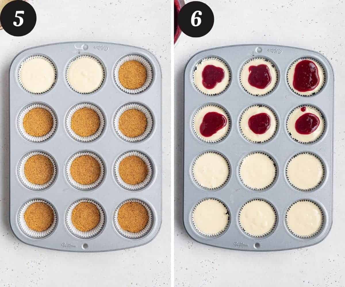 A picture on the left of two muffin tin cups filled with cheesecake batter on top of the crust and a picture on the right of all cups filled with batter and a dollop of raspberry puree on top.