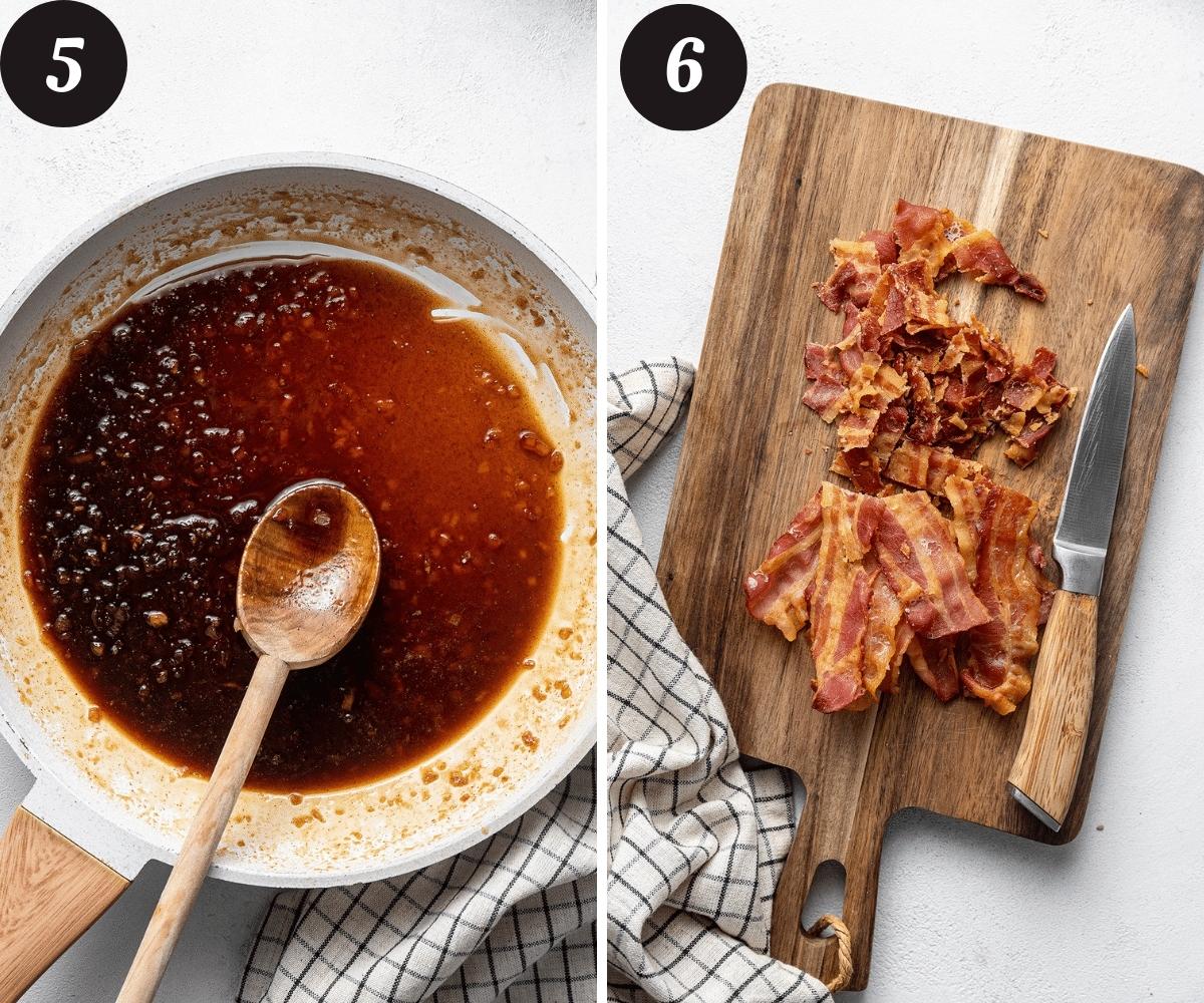 A picture on the left of bourbon jam thickening in a white skillet and a picture on the right of strips of bacon being cut up into pieces on a wooden cutting board.