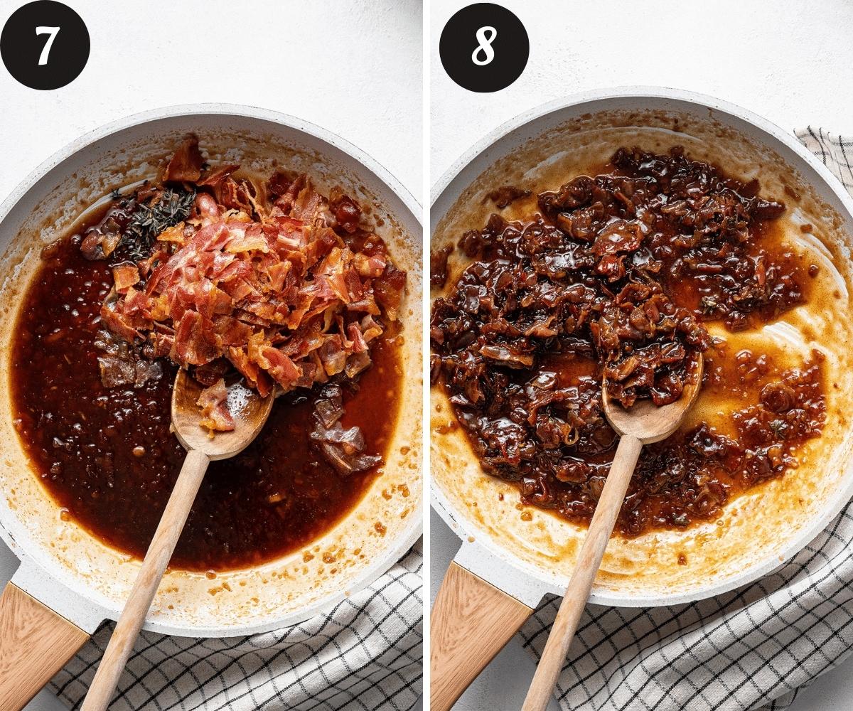 A picture on the left of a white skillet with bacon being added to bourbon jam and a picture on the right of the bacon being mixed in to the jam.