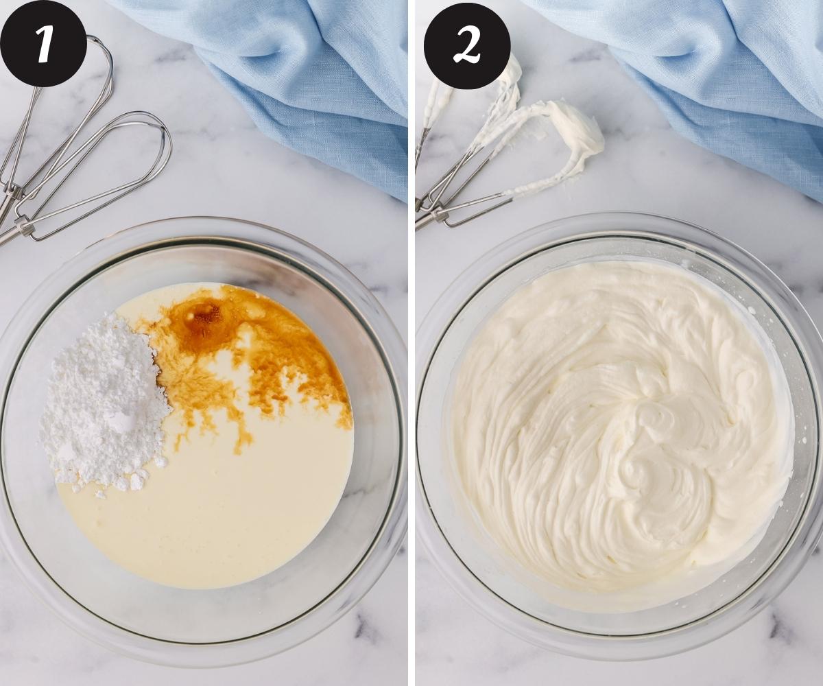 A picture on the left of a glass mixing bowl with heavy whipping cream, powdered sugar and vanilla extract, and a picture on the right of the same mixture whipped into whipped cream on a white counter top.