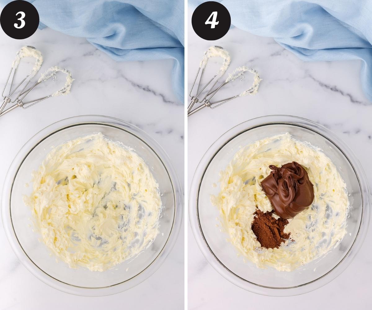 A picture on the left of a glass mixing bowl with cream cheese that's been beaten until creamy and a picture on the right with Nutella and cocoa powder added to the cream cheese mixture.