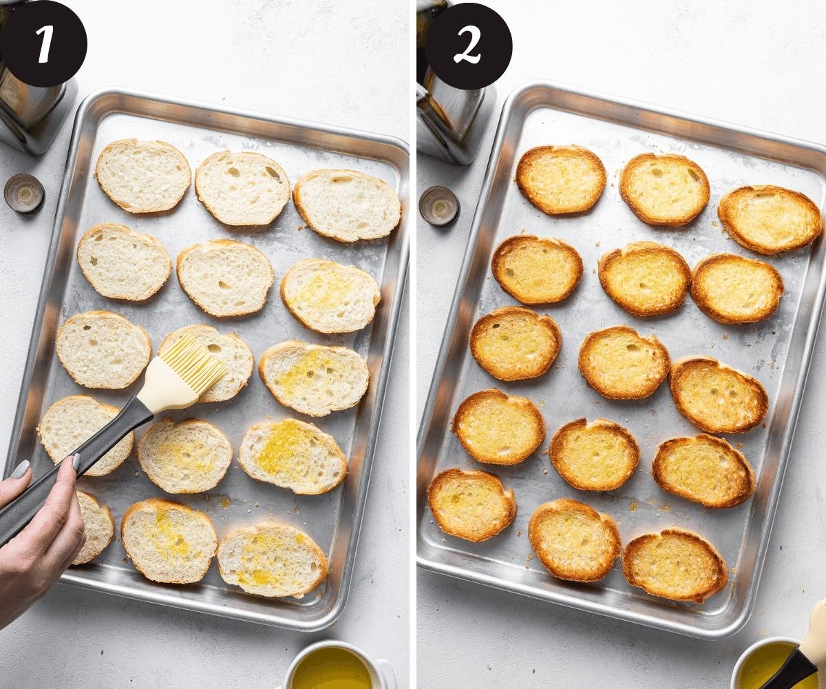 A picture on the left of fifteen slices of bread on a sheet pan being brushed with olive oil and a picture on the right of the same crostini pieces having been broiled until golden brown.