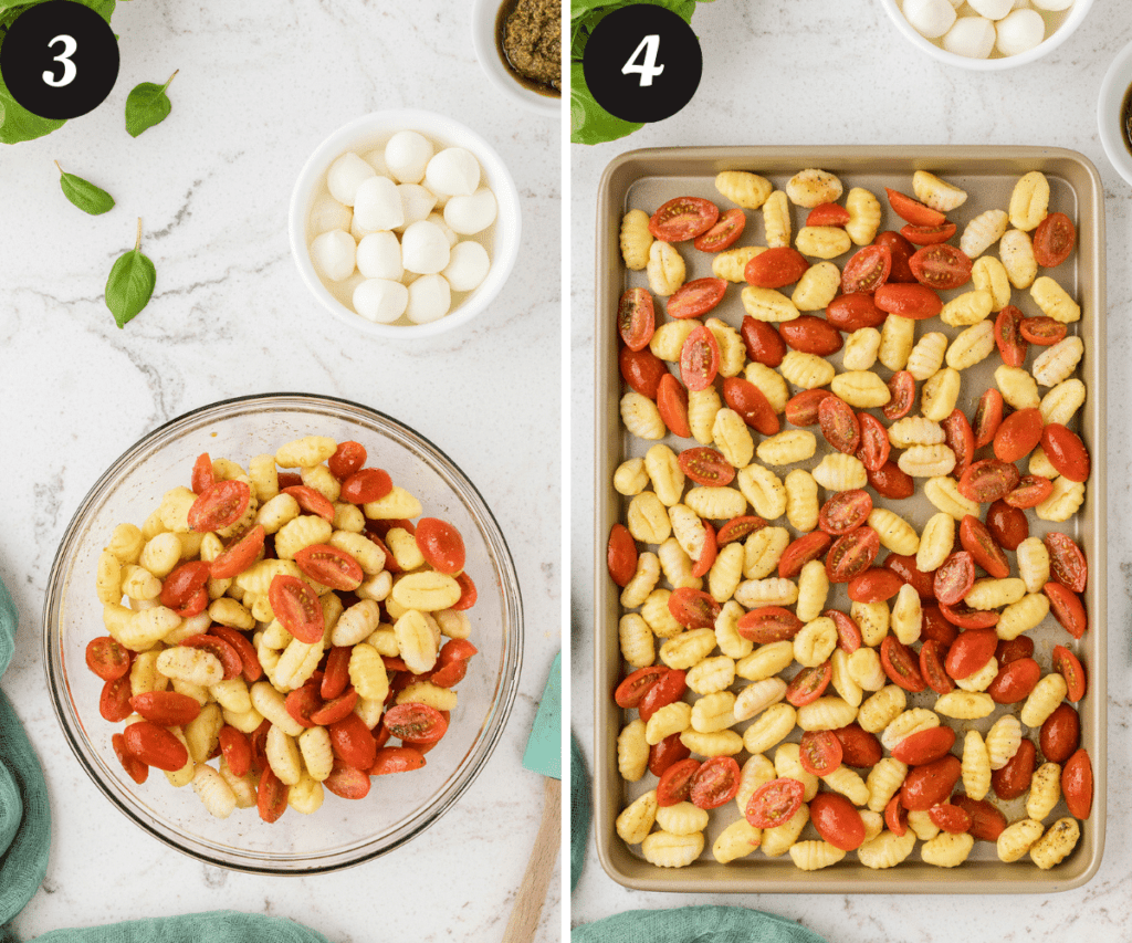 A picture on the left of gnocchi and cherry tomatoes mixed with garlic powder, onion powder, olive oil, salt and pepper and a picture on the right of the same mixture spread out on a sheet pan.
