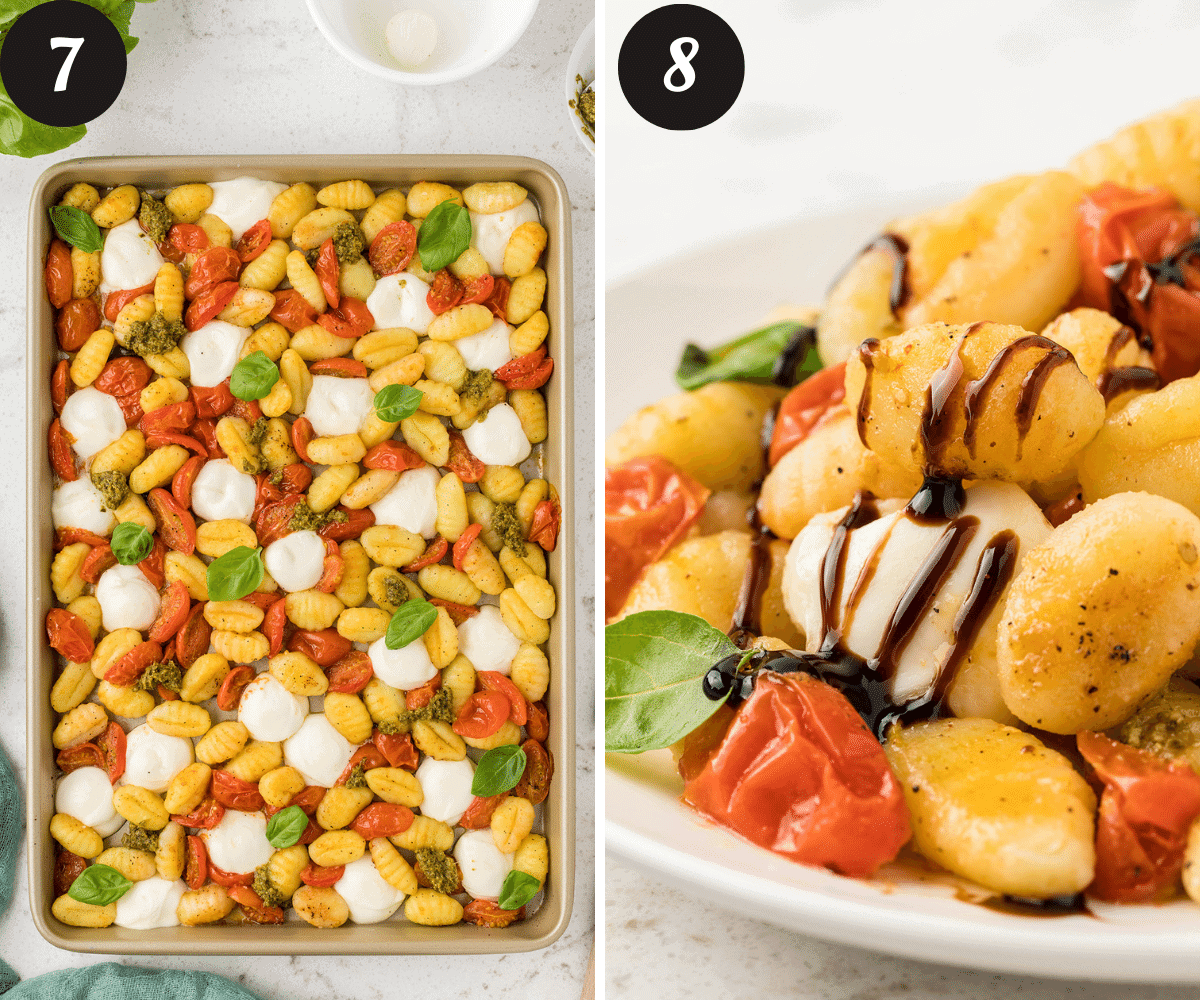 A picture on the left of a sheet pan with sheet pan caprese gnocchi and on the right the same ingredients in a bowl drizzled with balsamic glaze.