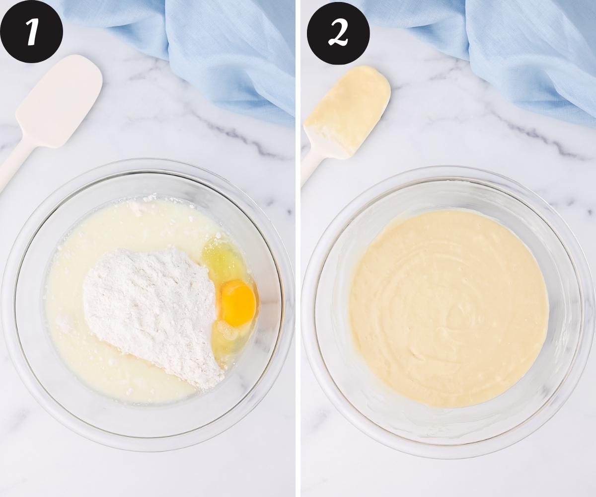A picture on the left of cake mix, milk, vegetable oil and an egg in a glass mixing bowl and a picture on the right of the same bowl with the ingredients mixed together.