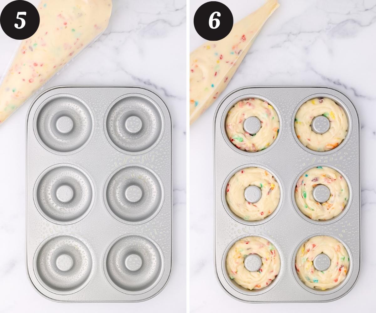 A picture on the left of a silver donut pan sprayed with nonstick cooking spray and a picture on the right of the same donut pan filled with fruity pebbles cake mix batter on a white counter top.