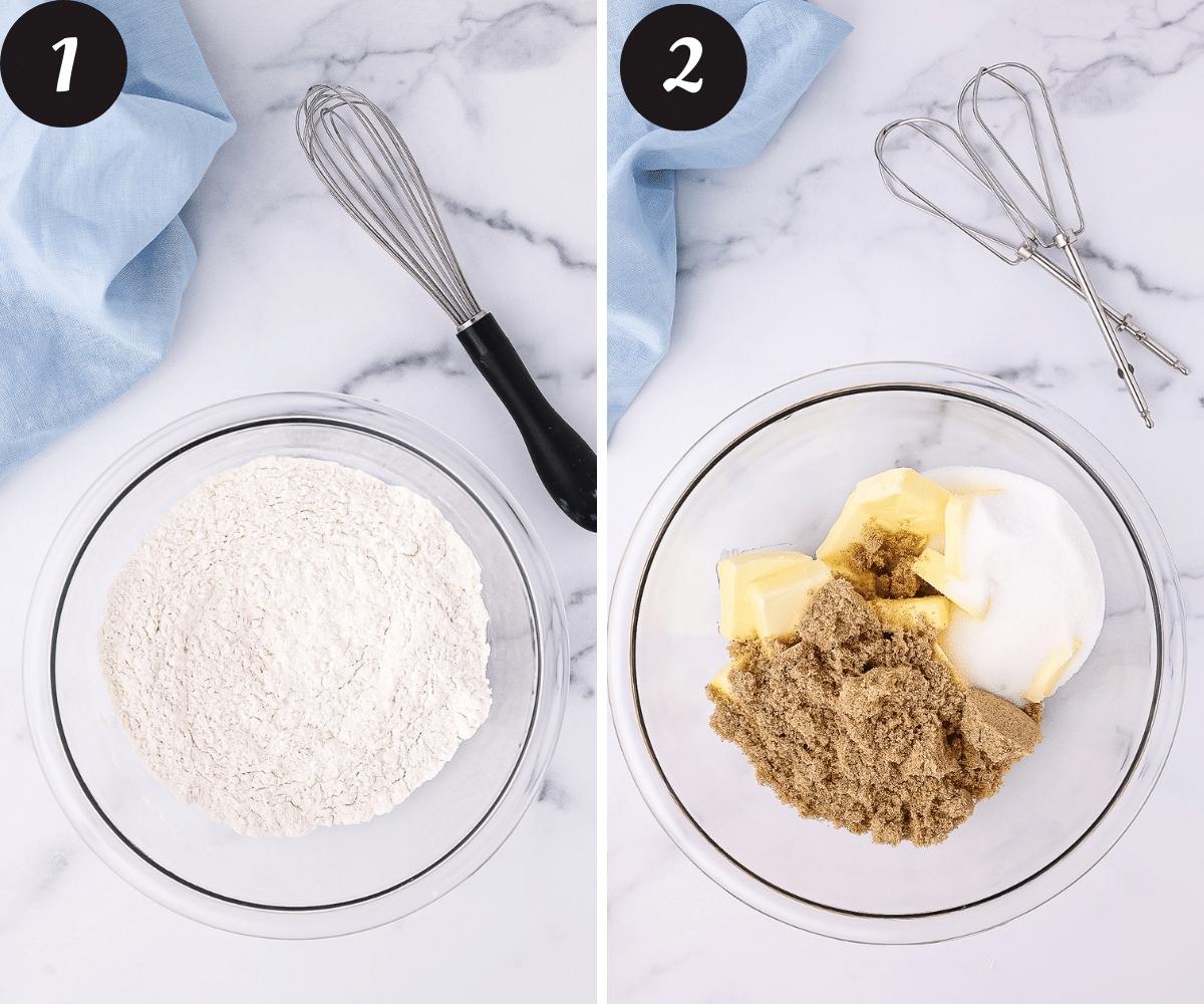 A picture on the left of a large glass mixing bowl with flour, salt, baking soda and baking powder mixed together and a picture on the right of a large glass bowl with light brown sugar, butter and granulated sugar on a white counter.