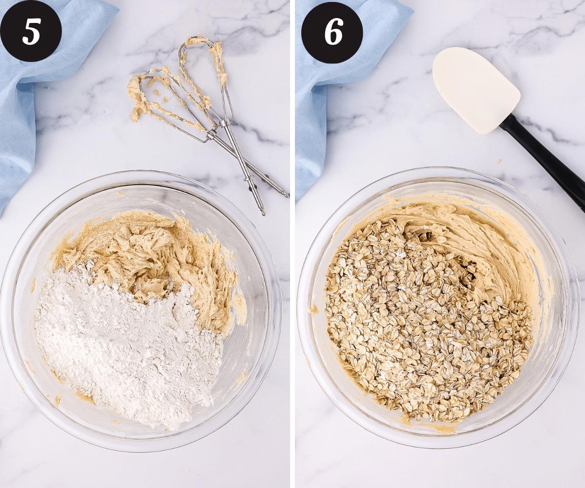 A picture on the left of a large glass mixing bowl with butter, brown sugar, and granulated sugar beaten together with flour, baking soda, and baking powder added. A picture on the right of the butter sugar and flour mixture combined with old fashioned oats added.