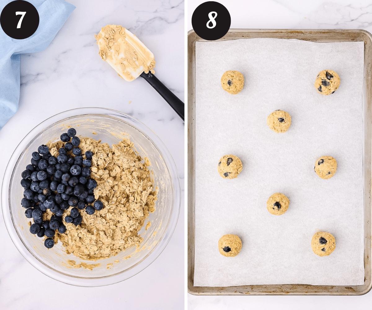 A picture on the left of oatmeal cookie dough in a glass bowl with fresh blueberries added and a picture on the right of a large parchment paper lined baking sheet with eight balls of blueberry lemon oatmeal cookie dough spaced apart.