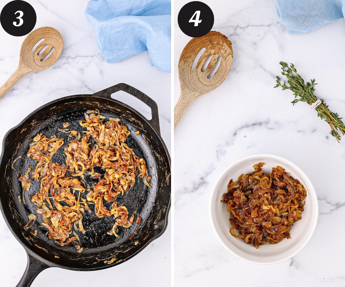 A photo on the left of a large cast iron pan with a small amount of caramelized onions on a white counter top and a picture on the left of a small white bowl with caramelized onions in it on a white counter top.