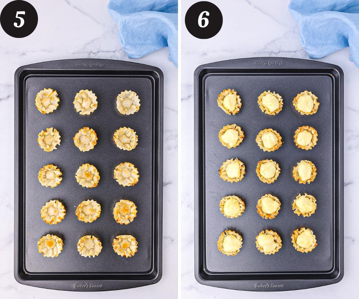 A photo on the left of a baking sheet pan with fifteen empty phyllo shell cups and a photo on the right of the same pan with the phyllo shells filled with creamy brie cheese.