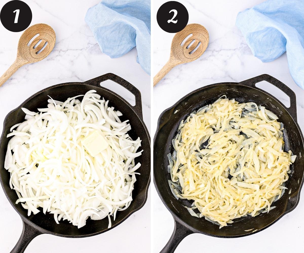 A photo on the left of a large cast iron skillet with four onions peeled and thinly sliced on a white platter. On the left the same photo with the onions reduced after cooking for forty five minutes.