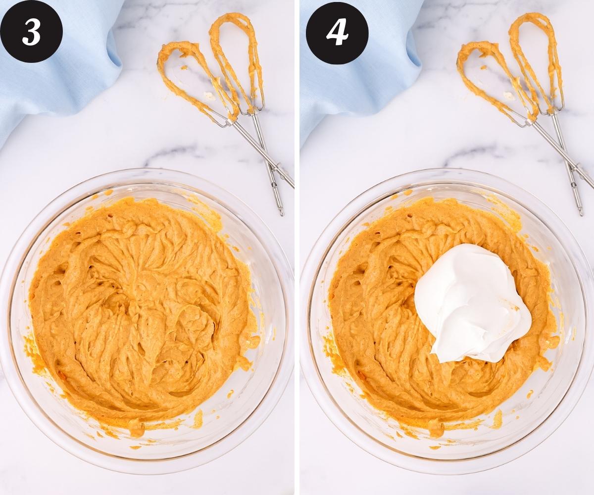 A bowl on the right with cream cheese, pumpkin puree, powdered sugar, cinnamon, and pumpkin spice combined until smooth and a bowl on the right with the same pumpkin mixture with a dollop of cool whip on top.