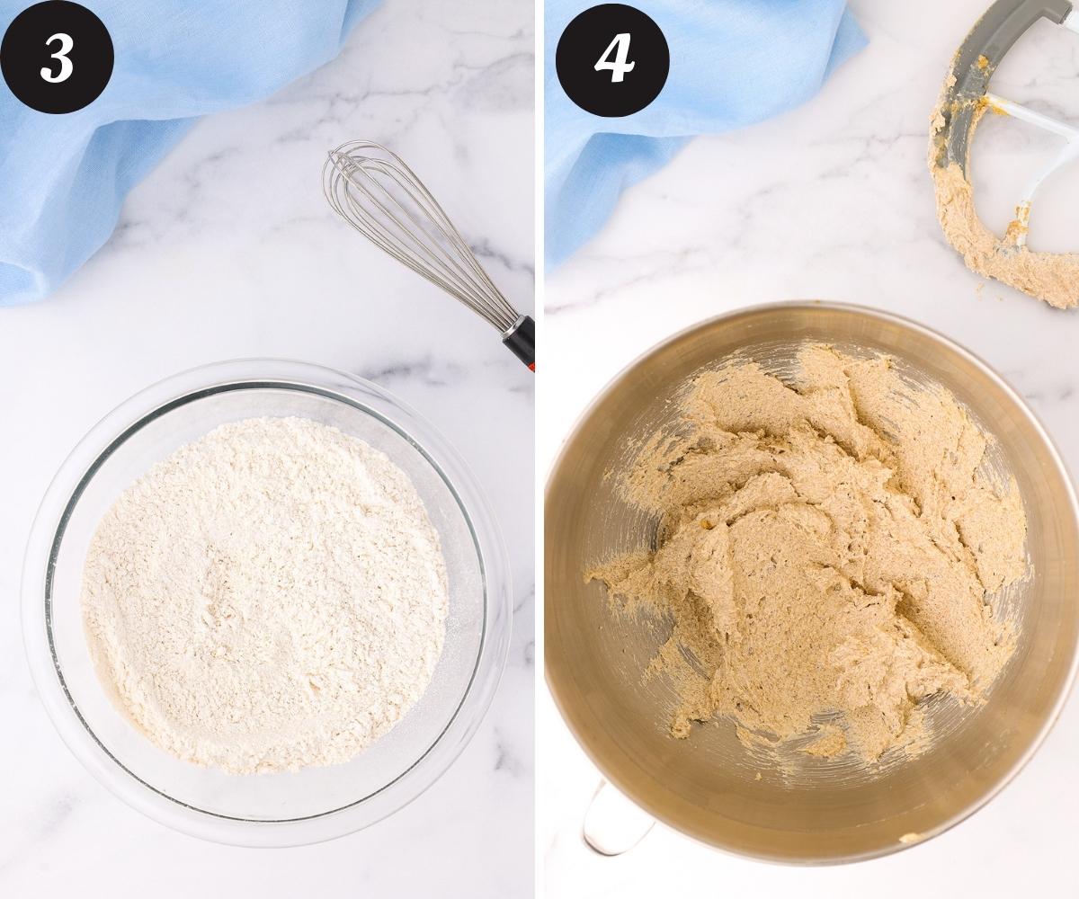 A large glass mixing bowl with flour and baking soda sifted together and a large mixing bowl with brown sugar, granulated sugar, and brown butter combined until fluffy.