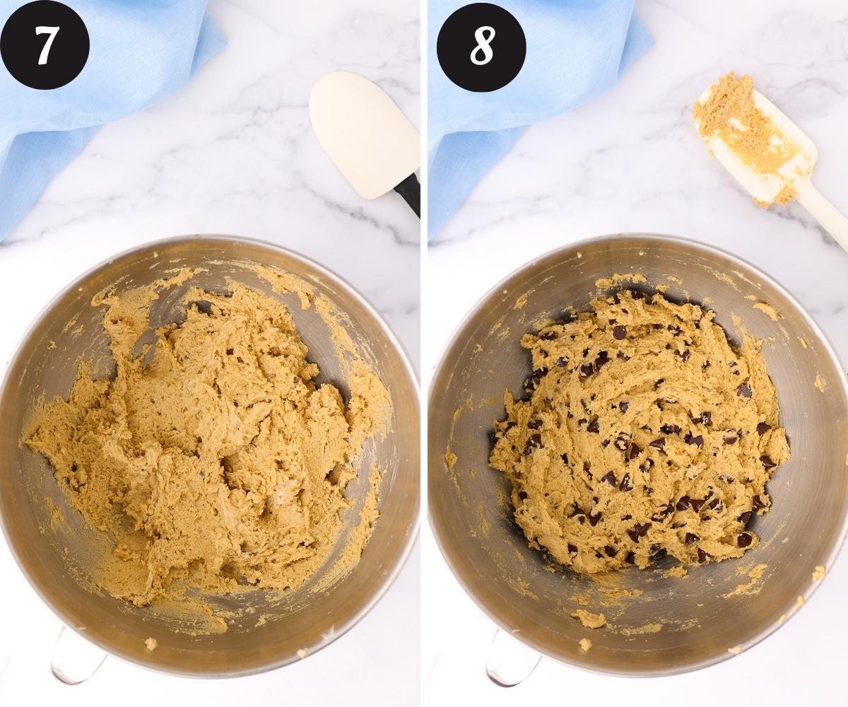 A large mixing bowl with browned butter cookie dough and another large mixing bowl with chocolate chips added to brown butter cookie dough.