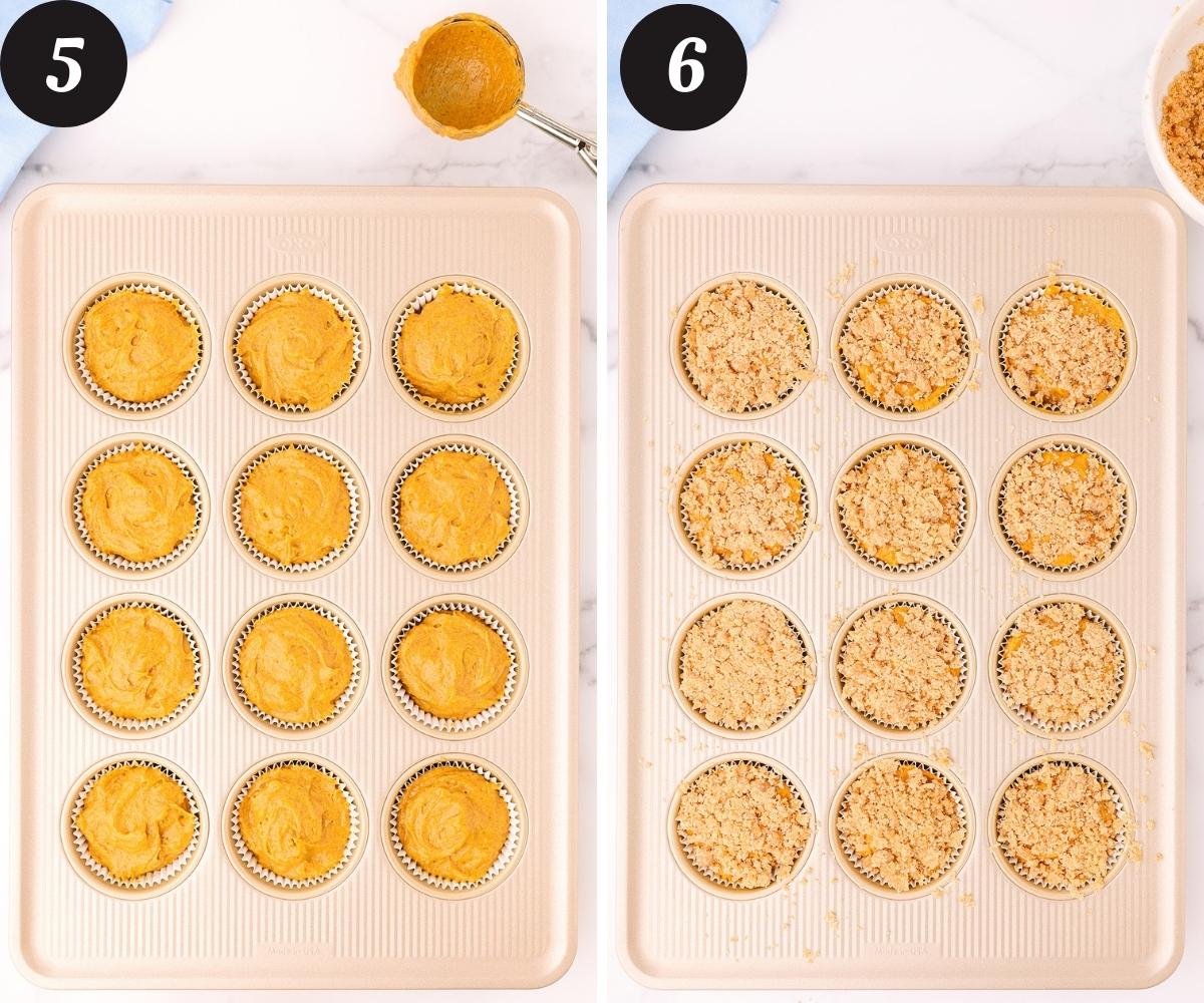 A twelve cup muffin tin lined with paper liners and filled with pumpkin muffin batter and another twelve cup muffin tin with a brown sugar crumb topping sprinkled on the tops of the batter.