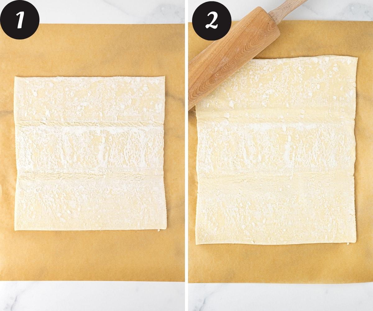 A sheet of puff pastry dough defrosted and unrolled on a sheet of parchment paper and a sheet of puff pastry dough that has been rolled out to a rectangle with a rolling pin.