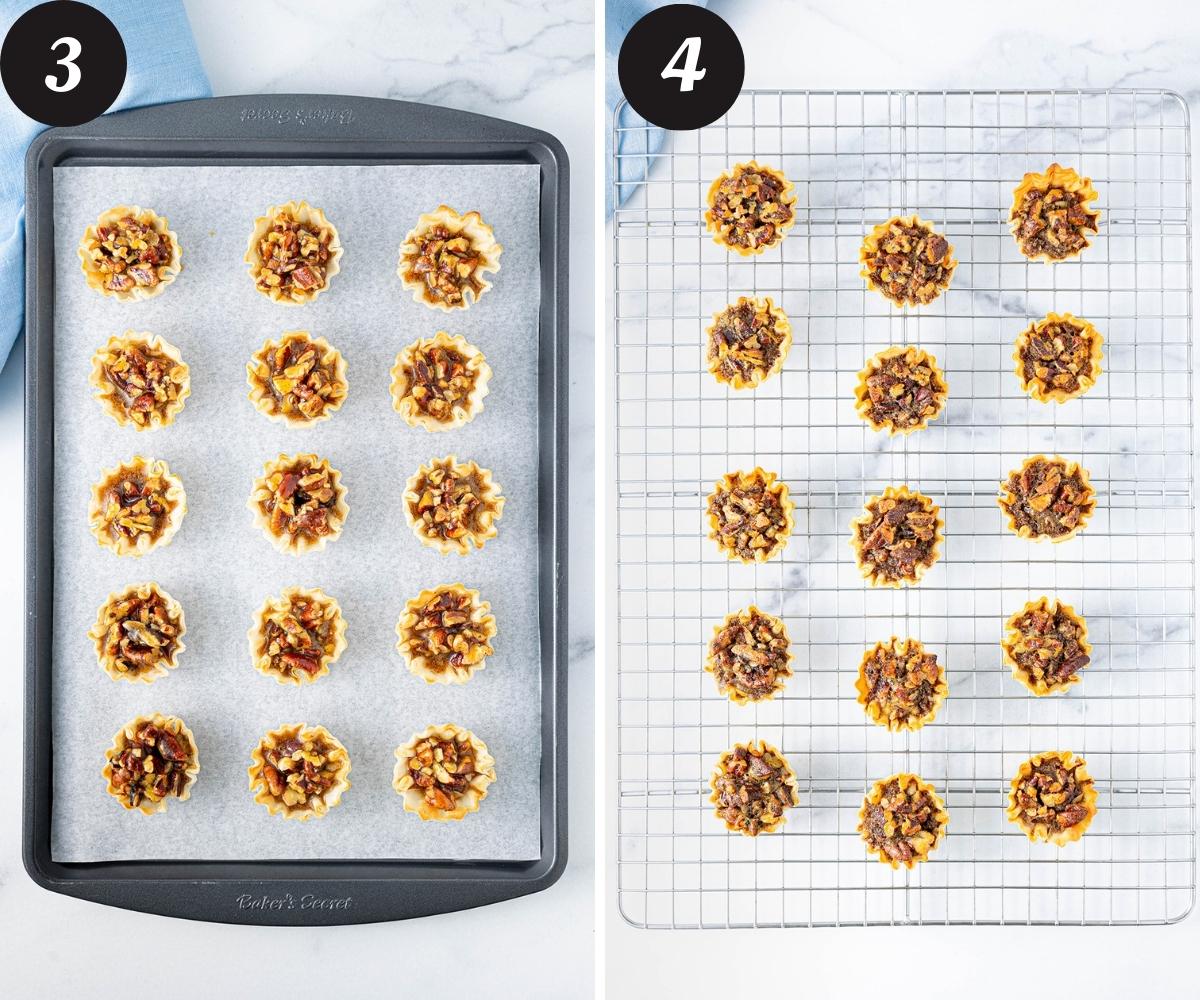 A large sheet pan with fifteen phyllo cup shells filled with pecan pie filling and a large wire rack with fifteen baked mini pecan pie bites on a white counter.