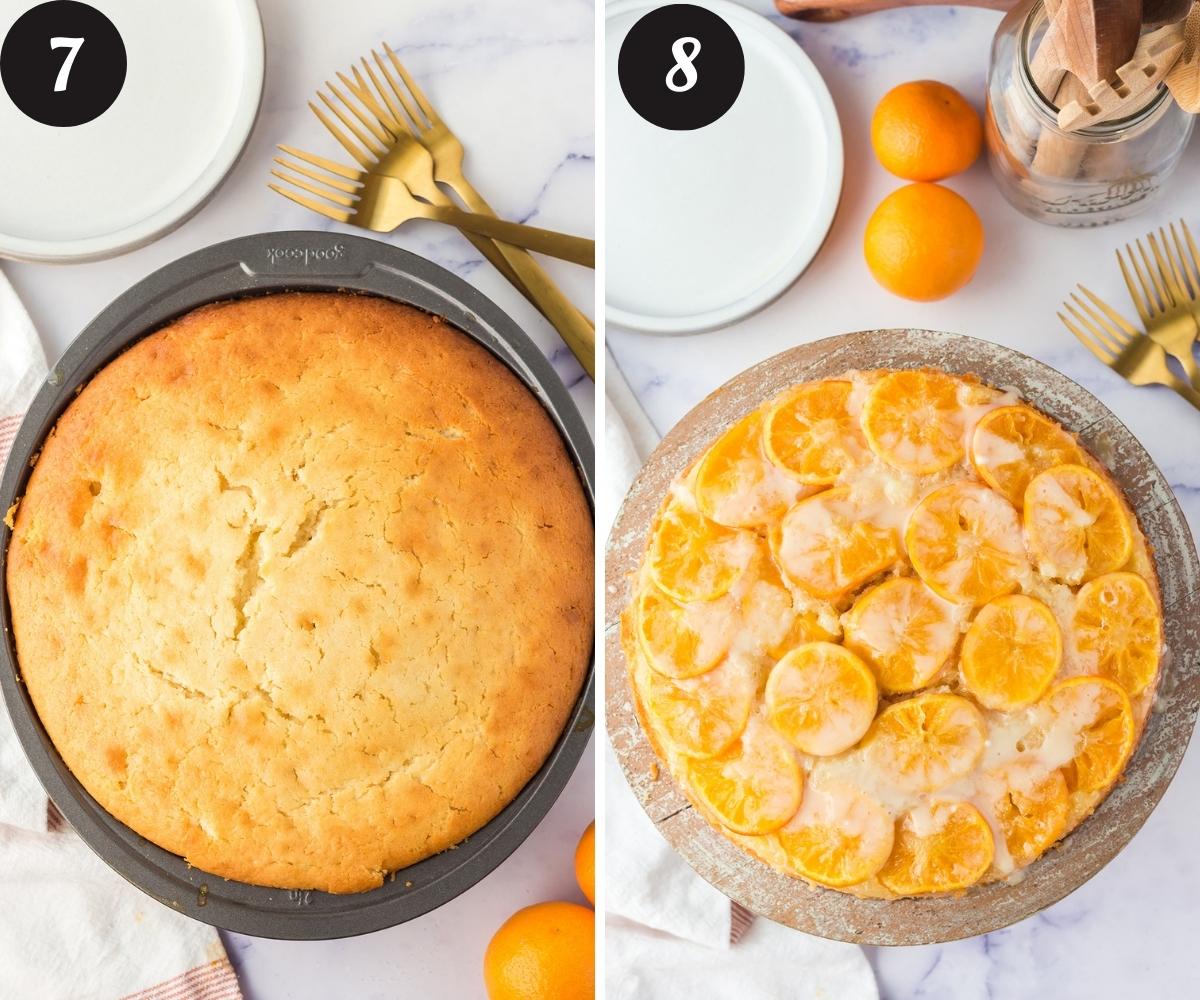 A cake pan with a baked cake resting on a white counter and an orange upside down cake with orange glaze drizzled on top resting on a wooden platter.