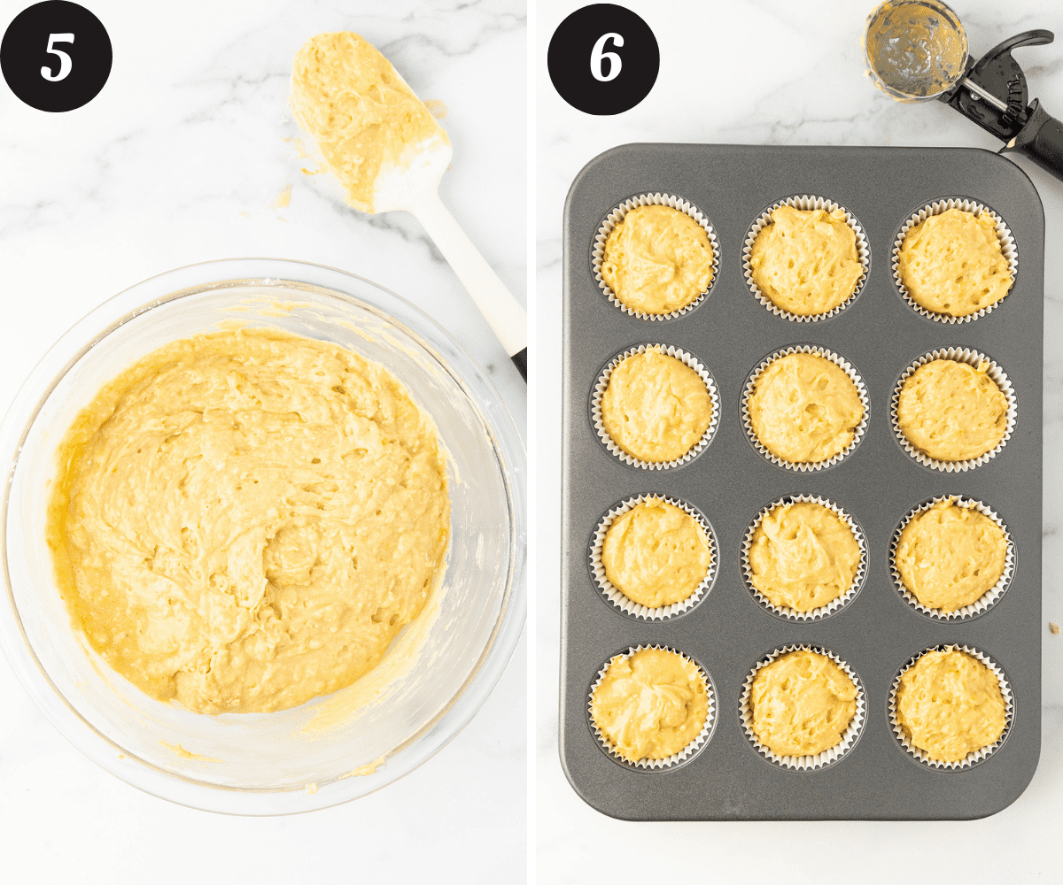 A glass bowl with lemon muffin batter mixed together and on the right a twelve cup muffin pan with paper liners filled with lemon muffin batter on a white counter top.