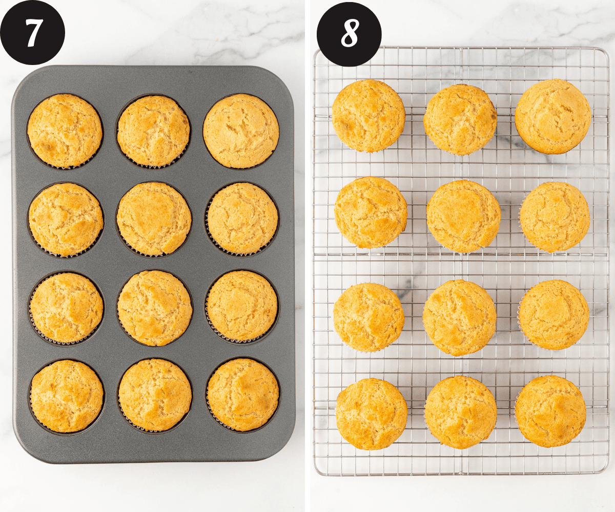 A twelve cup muffin tin filled with baked lemon muffins and a wire rack on the right with twelve lemon muffins cooling on a white counter top.