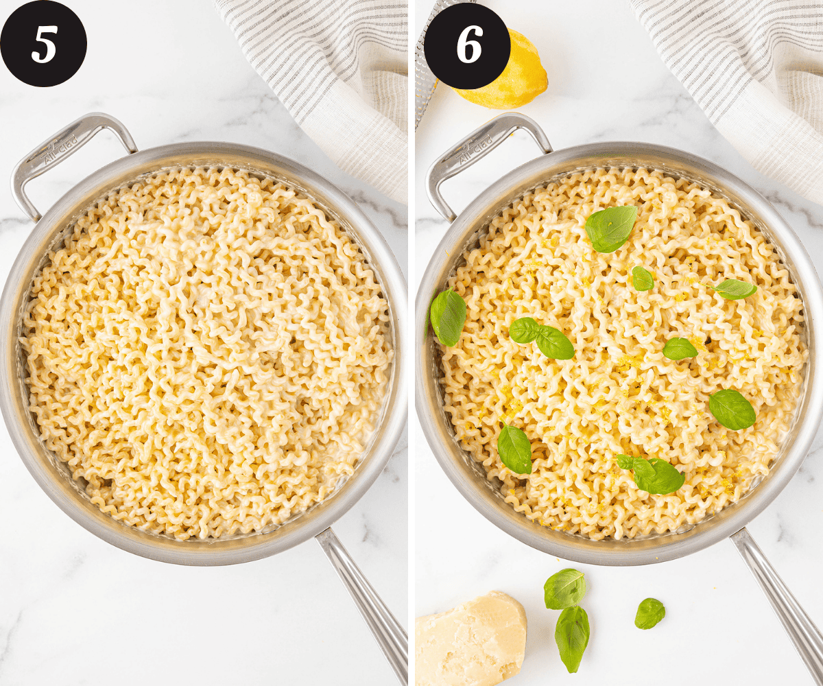 A large stainless steel skillet with long fusilli pasta tossed in a lemon cream sauce on a white counter top and a large stainless steel skillet with pasta tossed in a lemon cream sauce garnished with lemon zest, parmesan cheese and fresh basil leaves on a white counter top.