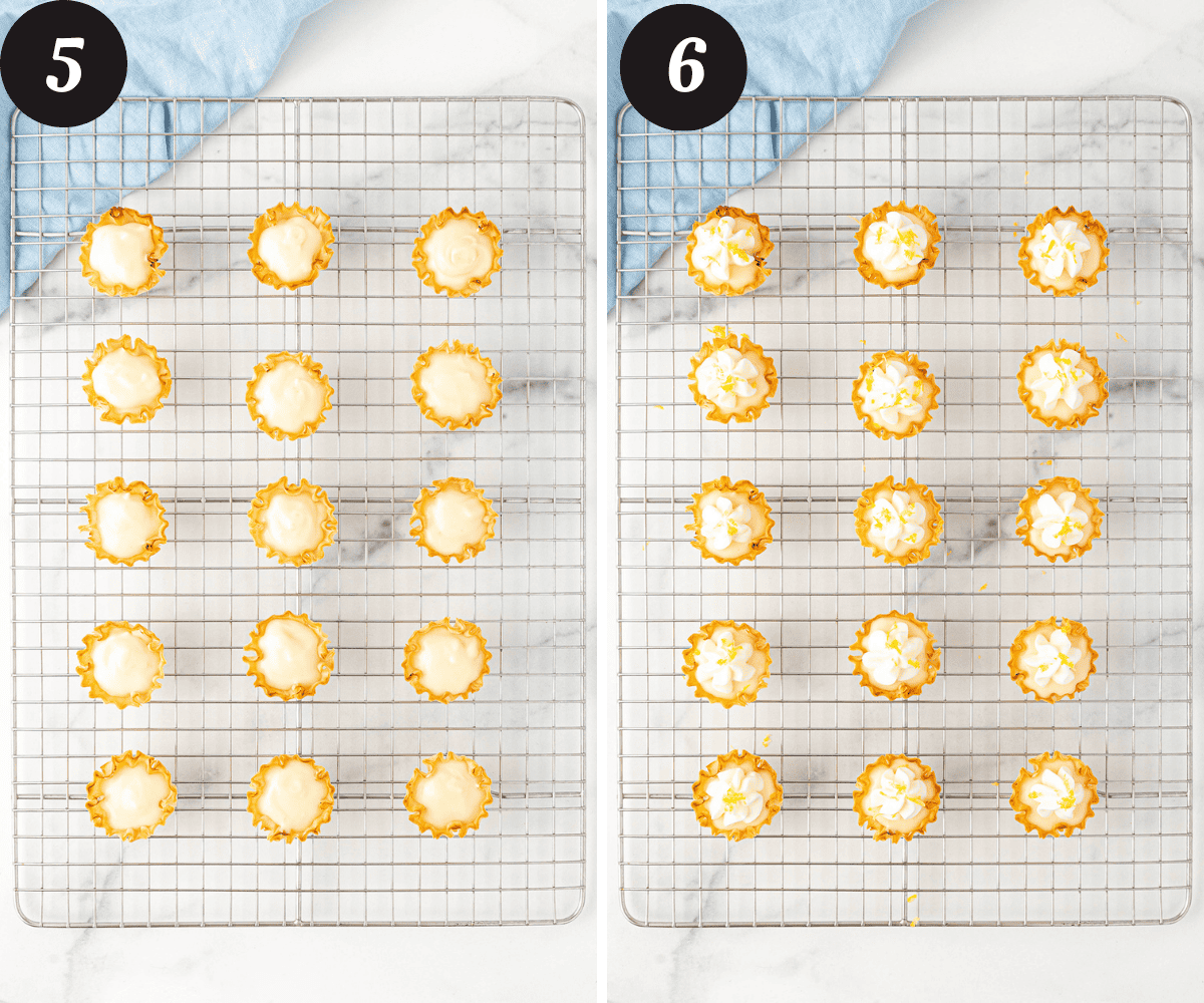Twelve mini phyllo cup shells filled with a lemon curd cream mixture resting on a wire rack on the left and twelve mini lemon tarts topped with whipped cream and lemon zest on a wire rack on the right.