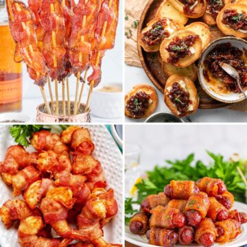 Candied bacon skewers, bourbon bacon jam crostini, several pieces of bacon wrapped shrimp and several pieces of brown sugar bacon little smokies.