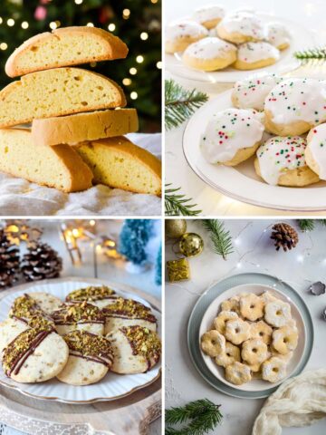Italian Christmas cookies, anise biscotti, pistachio cookies, and canestrelli cookies.