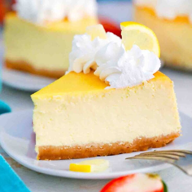 A slice of lemon ricotta cheesecake topped with whipped cream on a white serving plate.