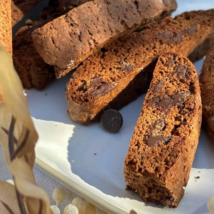 Several pieces of chocolate sourdough biscotti on a white plate.