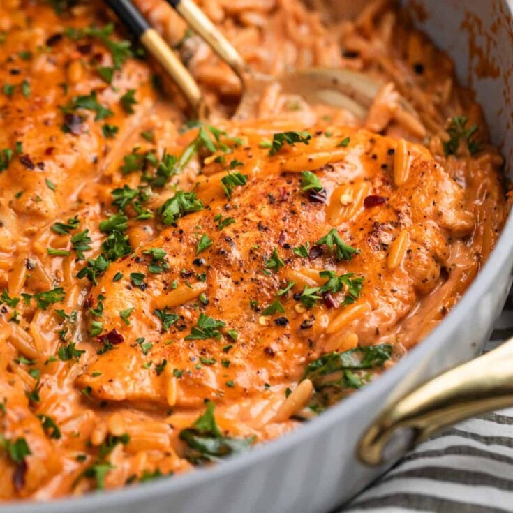 A stainless steel skilled with cooked chicken and orzo in a creamy tomato sauce garnished with fresh parsley.